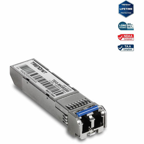 TRENDnet SFP to RJ45 Mini-GBIC Single-Mode LC Module; TEG-MGBS80; Mini-GBIC Module for Single Mode Fiber; LC Connector Type; Up to 80 Km (49.7 Miles); 1.25Gbps Gigabit Ethernet; Lifetime Protection TEG-MGBS80