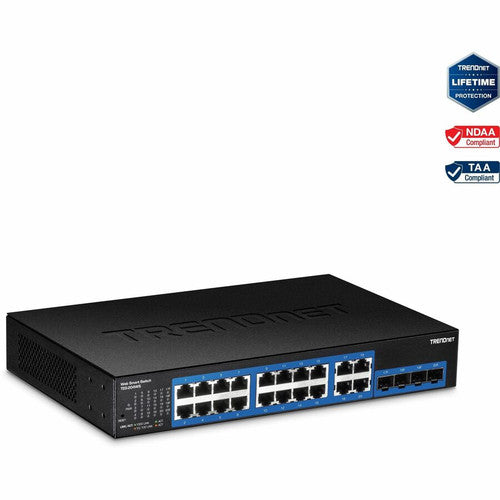 TRENDnet 20-Port Gigabit Web Smart Switch; 16 x Gigabit Ports; 4 x shared Gigabit Ports (RJ-45/SFP); VLAN; QoS; LACP; IPv6 Support; 40 Gbps Switching Capacity; Lifetime Protection; TEG-204WS TEG-204WS