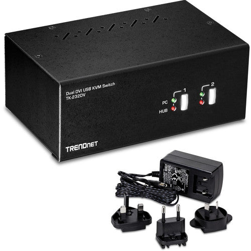 TRENDnet Commutateur KVM DVI double moniteur 2 ports avec audio, hub USB 2.0 2 ports, résolutions numériques jusqu'à 1920 x 1200, résolutions analogiques jusqu'à 2048 x 1536, TK-232DV TK-232DV