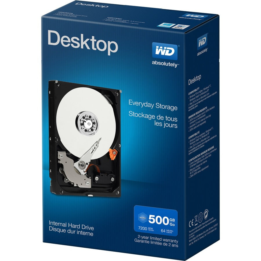 WD 500GB 3.5" Desktop Mainstream SATA 6 Gb/s Internal Hard Drive - SATA - 7200 rpm - 32 MB Buffer - Retail WDBH2D5000ENC-NRSN