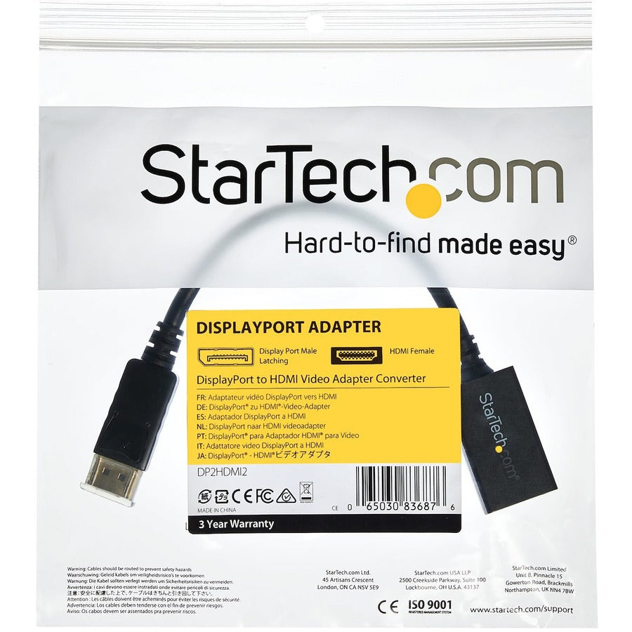 StarTech.com DisplayPort to HDMI Adapter, 1080p DP to HDMI Video Converter, DP to HDMI Monitor/TV Dongle, Passive, Latching DP Connector DP2HDMI2