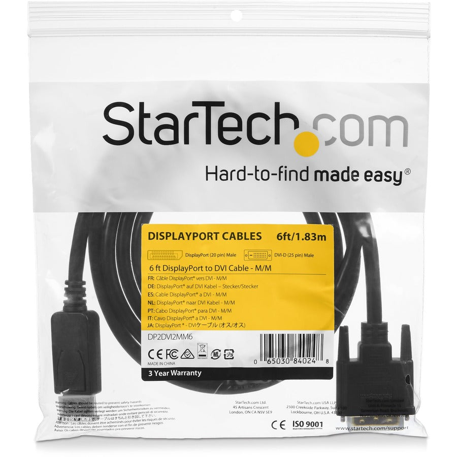 StarTech.com 6ft (1.8m) DisplayPort to DVI Cable, 1080p Video, DisplayPort to DVI-D Adapter/Converter Cable, DP 1.2 to DVI Monitor Cable DP2DVI2MM6