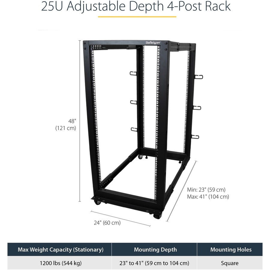 StarTech.com 25U Adjustable Depth Open Frame 4 Post Server Rack w/ Casters / Levelers and Cable Management Hooks 4POSTRACK25U