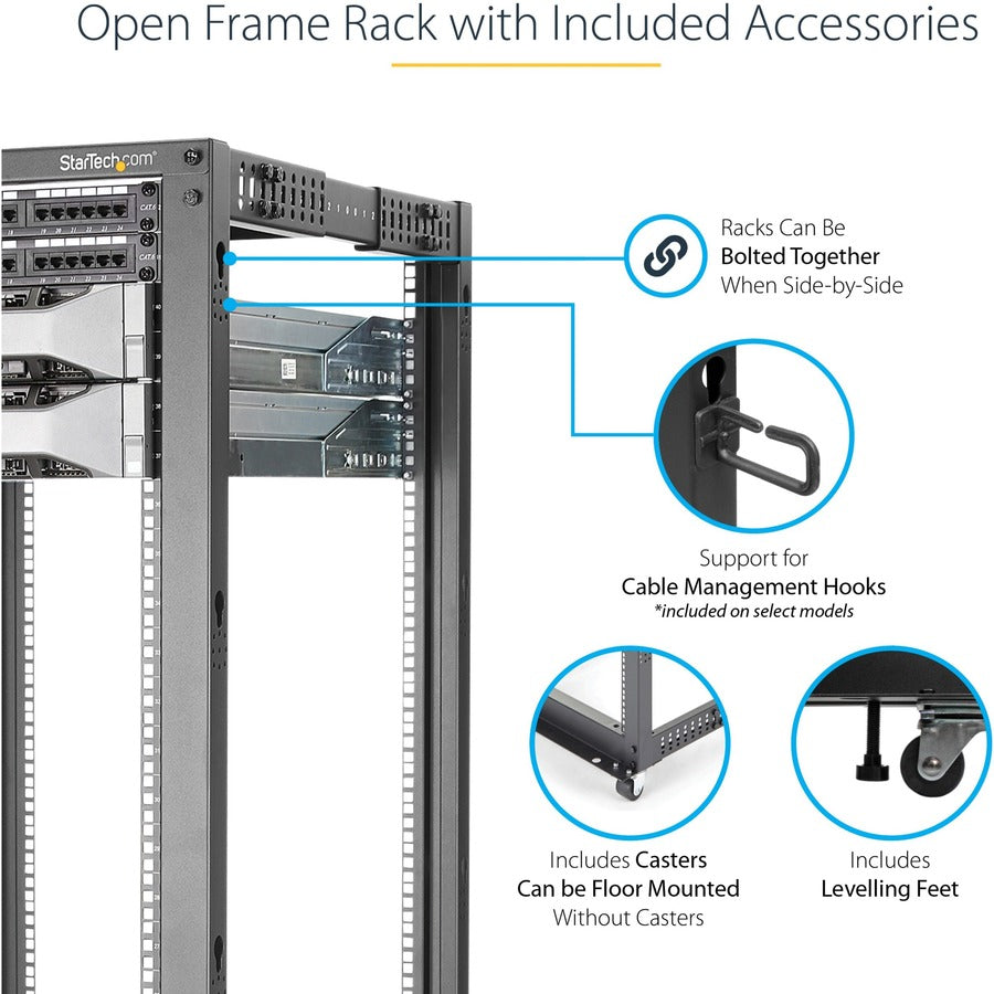 StarTech.com 25U Adjustable Depth Open Frame 4 Post Server Rack w/ Casters / Levelers and Cable Management Hooks 4POSTRACK25U