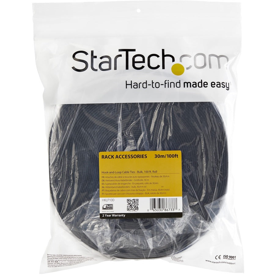 StarTech.com Attache de gestion de câbles à crochets et boucles - Rouleau en vrac de 100 pieds - Noir - Enroulement de câble/sangles coupés à la taille HKLP100