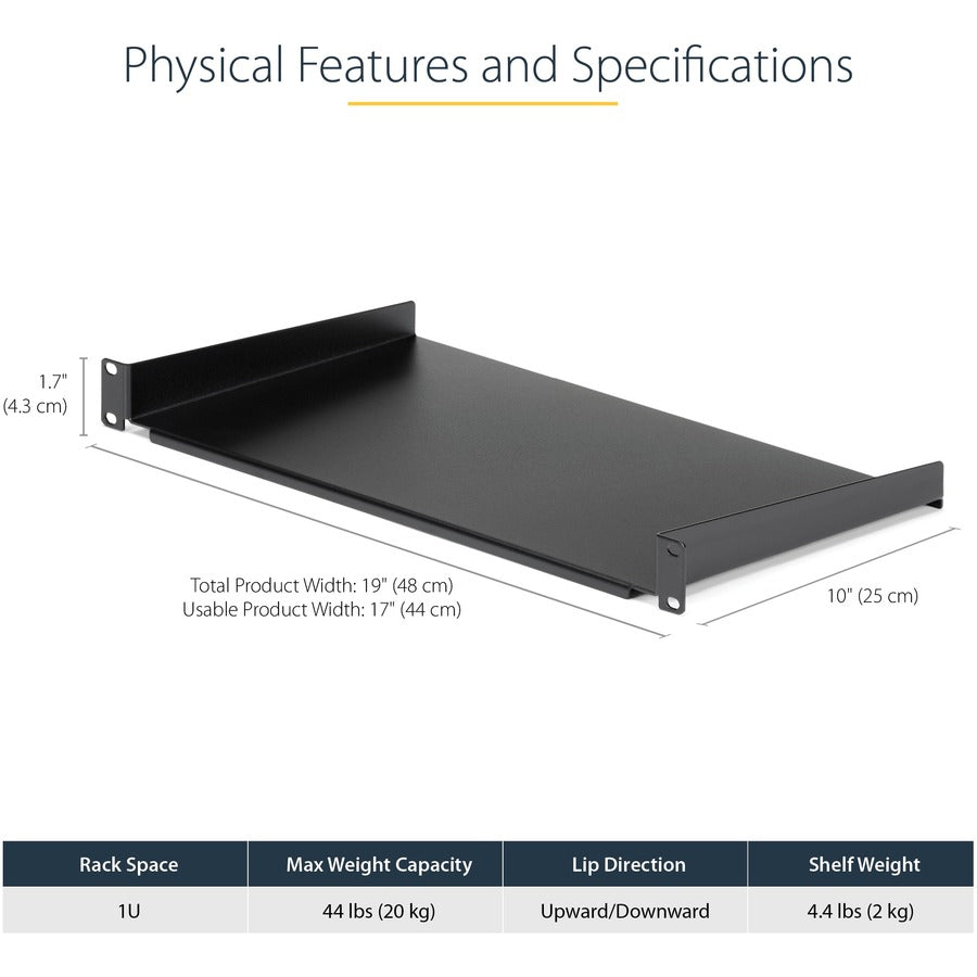 StarTech.com 1U Server Rack Cabinet Shelf - Fixed 10" Deep Cantilever Rackmount Tray for 19" Data/AV/Network Enclosure w/cage nuts, screws CABSHELF1U10