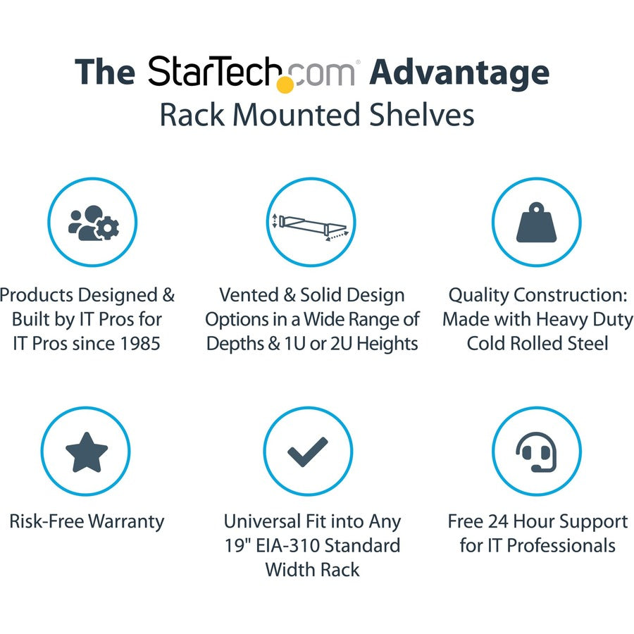 StarTech.com Étagère d'armoire de serveur ventilée 1U - Plateau de montage en rack en porte-à-faux fixe de 7 pouces de profondeur pour boîtier de données/AV/réseau de 19" avec écrous cage CABSHELF1U7V