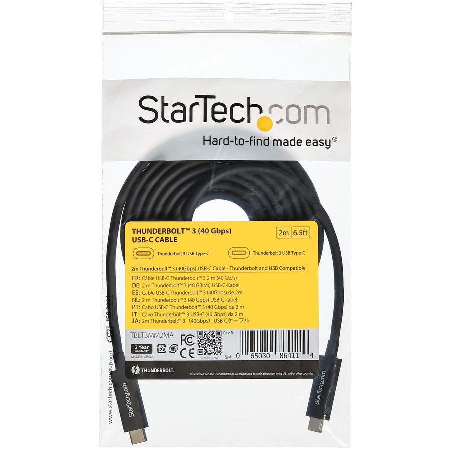 StarTech.com StarTech.com 6 ft 2m Thunderbolt 3 Cable w/ 100W PD - 40Gbps - Dual 4K or Full 5K - Certified Thunderbolt 3 USB-C Cable TBLT3MM2MA