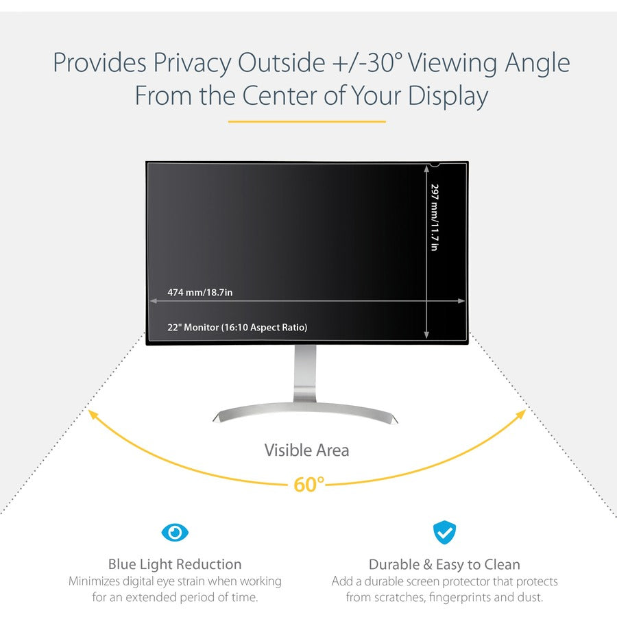 StarTech.com Écran de confidentialité pour écran 22" - Filtre de sécurité pour écran d'ordinateur grand écran - Protecteur d'écran réduisant la lumière bleue PRIVACY-SCREEN-22MB