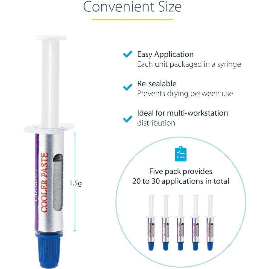 StarTech.com Thermal Paste, High Performance Thermal Paste, Pack of 5 Syringes (1.5g/ea), Metal Oxide Heat Sink Compound, CPU Paste, RoHS SILV5-THERMAL-PASTE