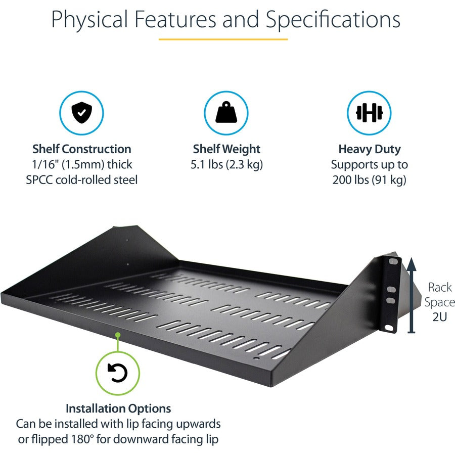 StarTech.com 2U Vented Server Rack Cabinet Shelf - Fixed 14" Deep Cantilever Rackmount Tray for 19" Data/AV/Network Enclosure w/Cage Nuts SHELF-2U-14-CENTER-V