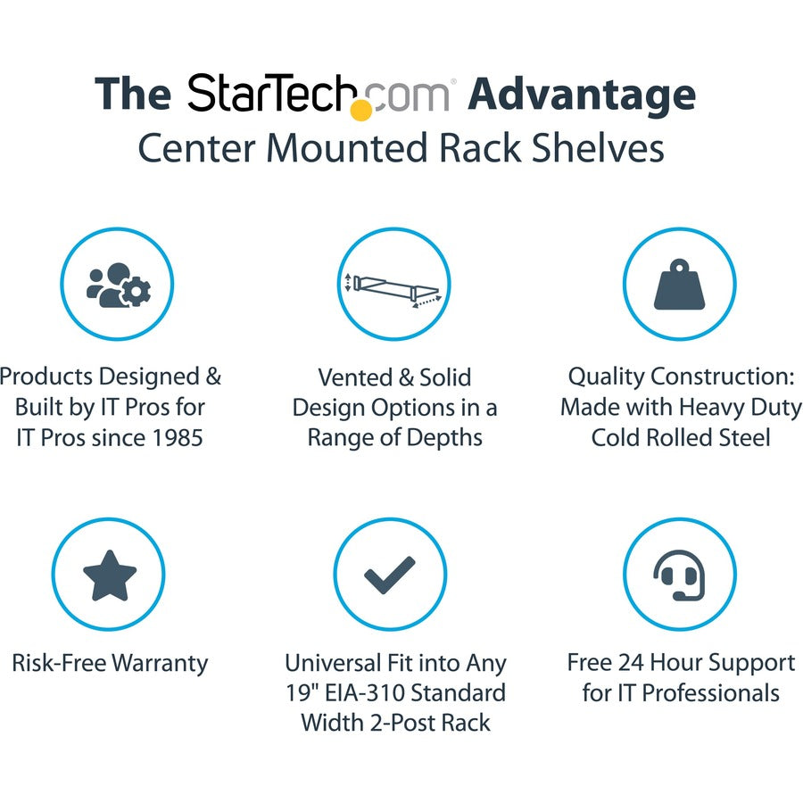 StarTech.com Étagère de serveur ventilée 2U – Plateau de montage en rack en porte-à-faux fixe de 20" de profondeur pour boîtier de données/AV/réseau de 19" avec écrous cage SHELF-2U-20-CENTER-V