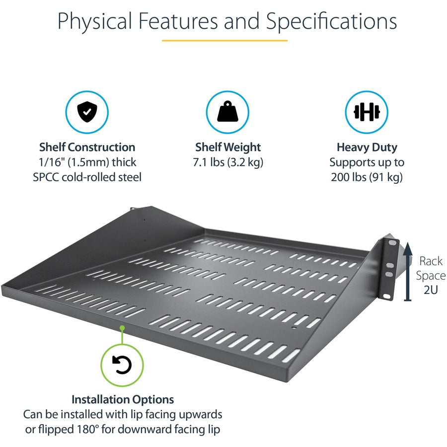 StarTech.com Étagère de serveur ventilée 2U – Plateau de montage en rack en porte-à-faux fixe de 20" de profondeur pour boîtier de données/AV/réseau de 19" avec écrous cage SHELF-2U-20-CENTER-V