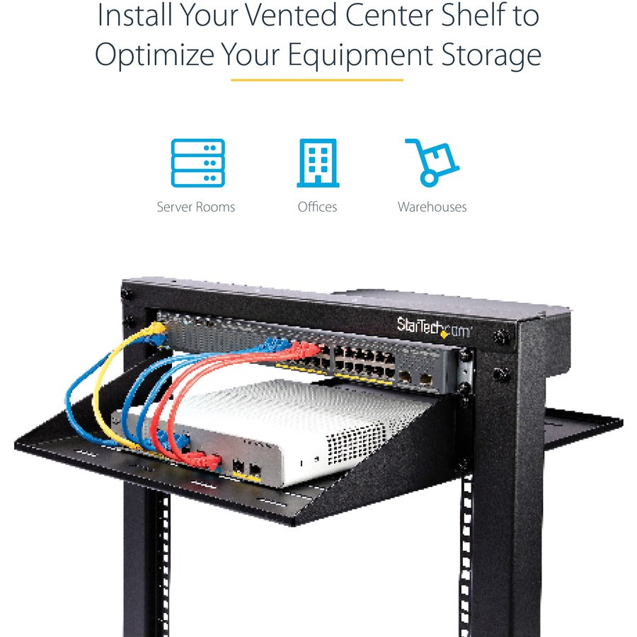 StarTech.com Étagère de serveur ventilée 2U – Plateau de montage en rack en porte-à-faux fixe de 20" de profondeur pour boîtier de données/AV/réseau de 19" avec écrous cage SHELF-2U-20-CENTER-V