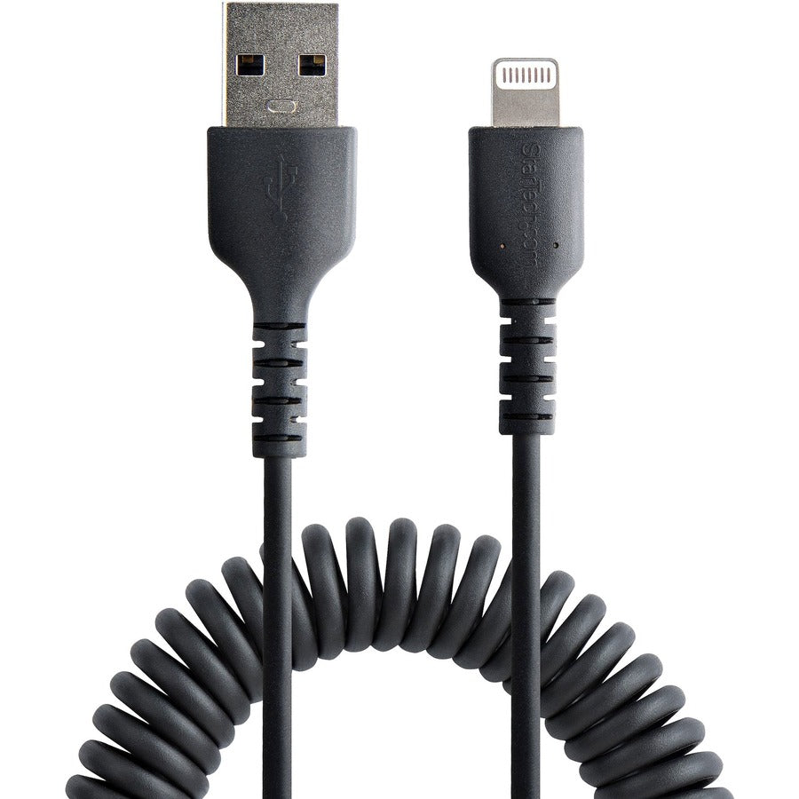 StarTech.com 1m (3ft) USB to Lightning Cable, MFi Certified, Coiled iPhone Charger Cable, Black, Durable TPE Jacket Aramid Fiber RUSB2ALT1MBC