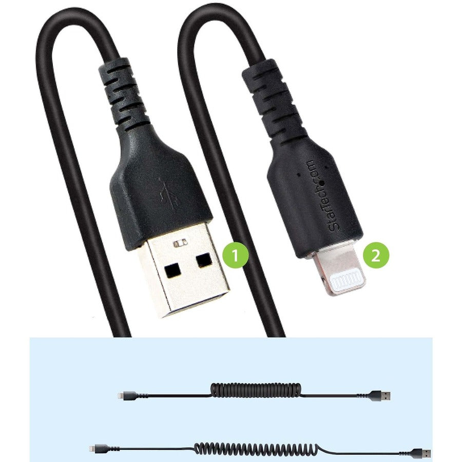 StarTech.com 1m (3ft) USB to Lightning Cable, MFi Certified, Coiled iPhone Charger Cable, Black, Durable TPE Jacket Aramid Fiber RUSB2ALT1MBC