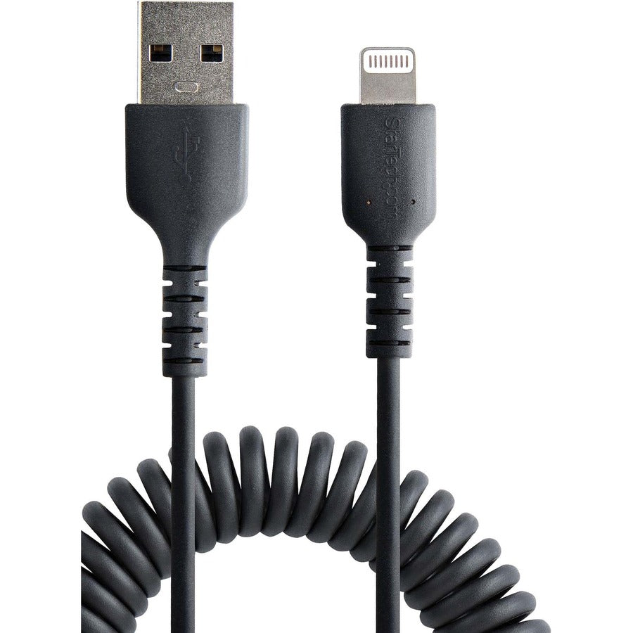 StarTech.com 1m (3ft) USB to Lightning Cable, MFi Certified, Coiled iPhone Charger Cable, Black, Durable TPE Jacket Aramid Fiber RUSB2ALT1MBC