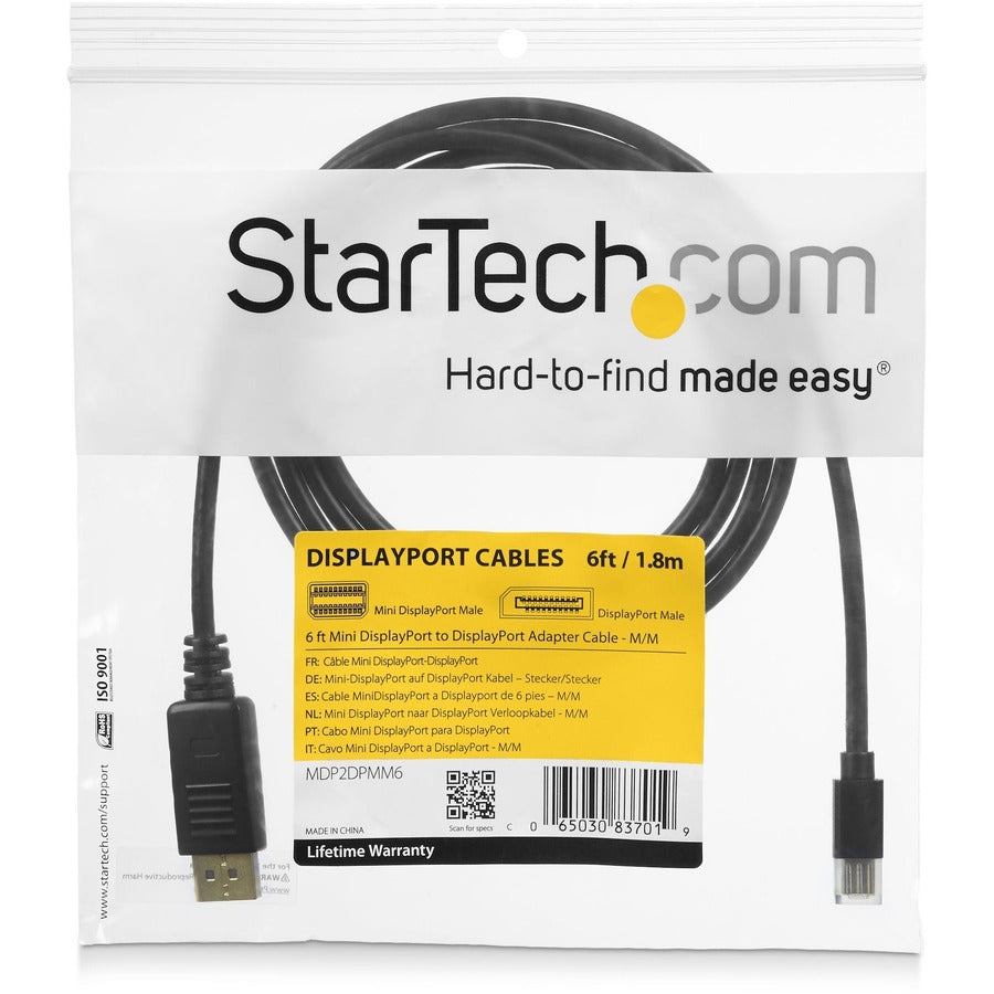 StarTech.com 6ft (2m) Mini DisplayPort to DisplayPort 1.2 Cable, 4K x 2K mDP to DisplayPort Adapter Cable, Mini DP to DP Cable for Monitor MDP2DPMM6