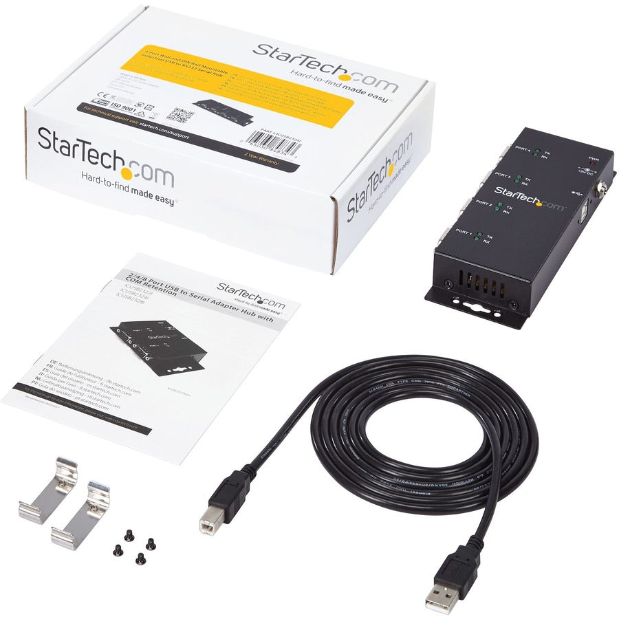 StarTech.com USB to Serial Adapter Hub - 4 Port - Industrial - Wall Mount - Din Rail - COM Port Retention - FTDI USB Serial ICUSB2324I