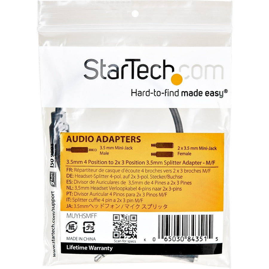 StarTech.com Headset adapter for headsets with separate headphone / microphone plugs - 3.5mm 4 position to 3 position and 2 position 3.5mm M/F MUYHSMFF