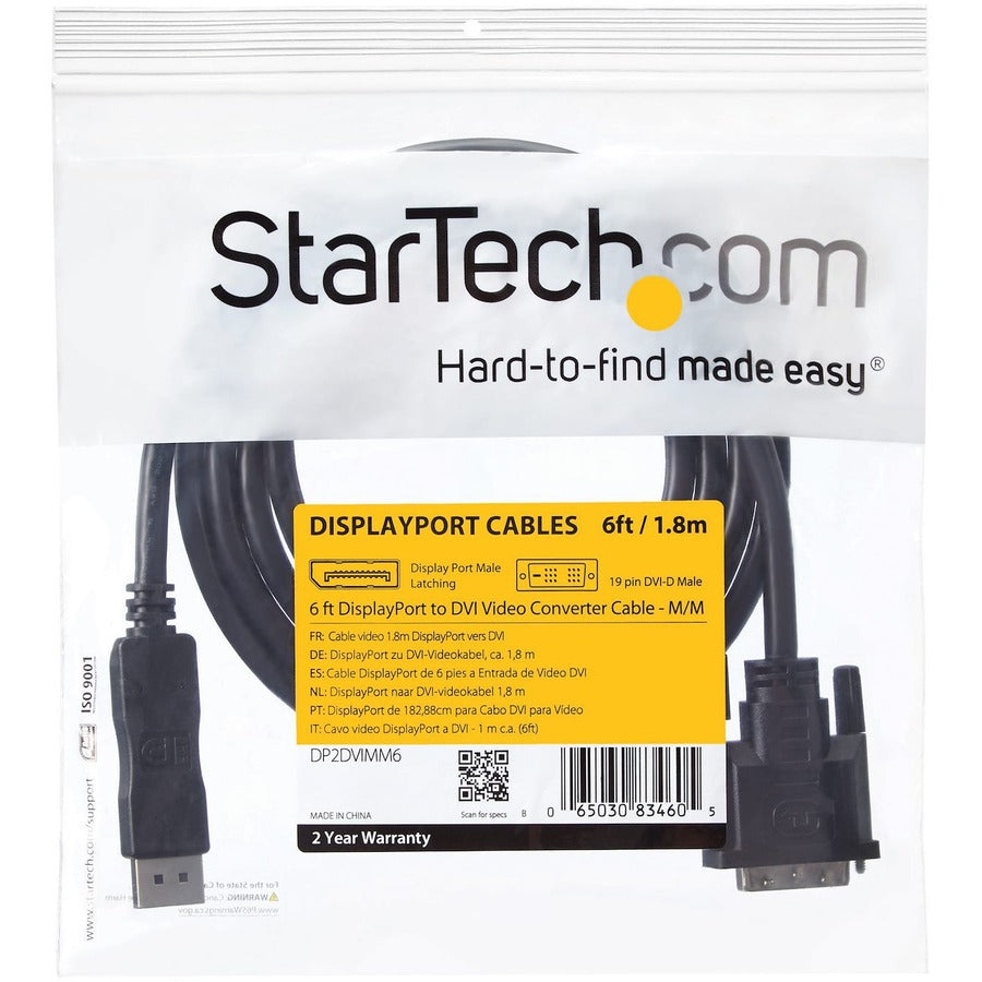 StarTech.com 6ft (1.8m) DisplayPort to DVI Cable, DisplayPort to DVI-D Adapter Cable, 1080p Video, DP 1.2 to DVI Monitor Converter Cable DP2DVIMM6