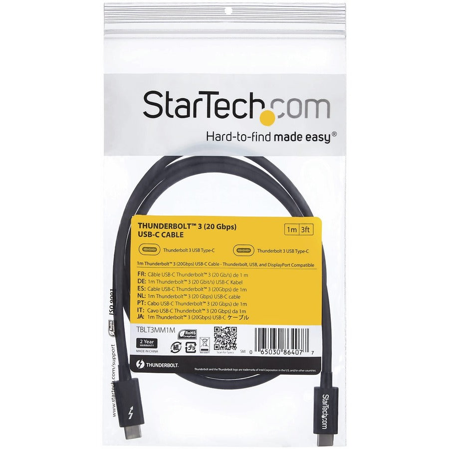 StarTech.com Thunderbolt 3 Cable - 3 ft / 1m - 4K 60Hz - 20Gbps - USB C to USB C Cable - Thunderbolt 3 USB Type C Charger Cable TBLT3MM1M