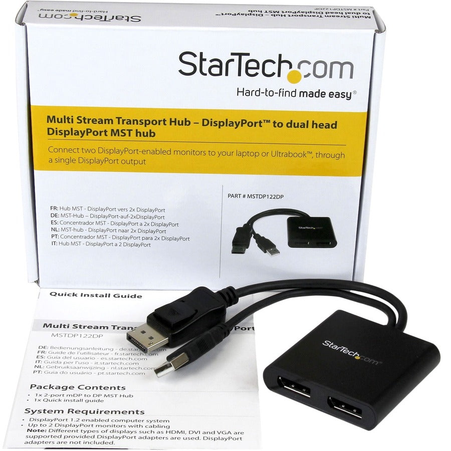 StarTech.com 2-Port Multi Monitor Adapter, DisplayPort 1.2 MST Hub, Dual 4K 30Hz, Video Splitter for Extended Desktop Mode, Windows Only MSTDP122DP