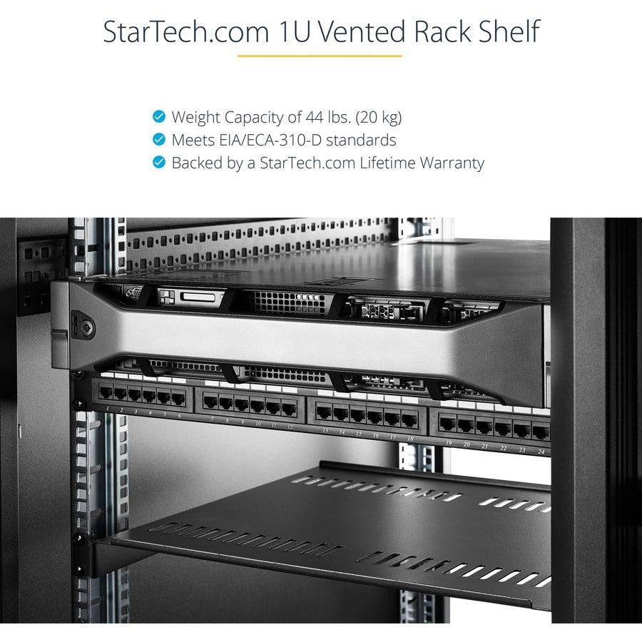 StarTech.com Étagère d'armoire de serveur ventilée 1U - Plateau de montage en rack en porte-à-faux fixe de 10 pouces de profondeur pour boîtier de données/AV/réseau de 19" avec écrous cage CABSHELFV1U