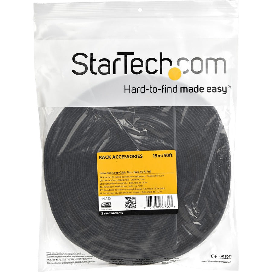 StarTech.com Hook-and-Loop Cable Management Tie - 50 ft. Bulk Roll - Black - Cut-to-Size Cable Wrap / Straps HKLP50