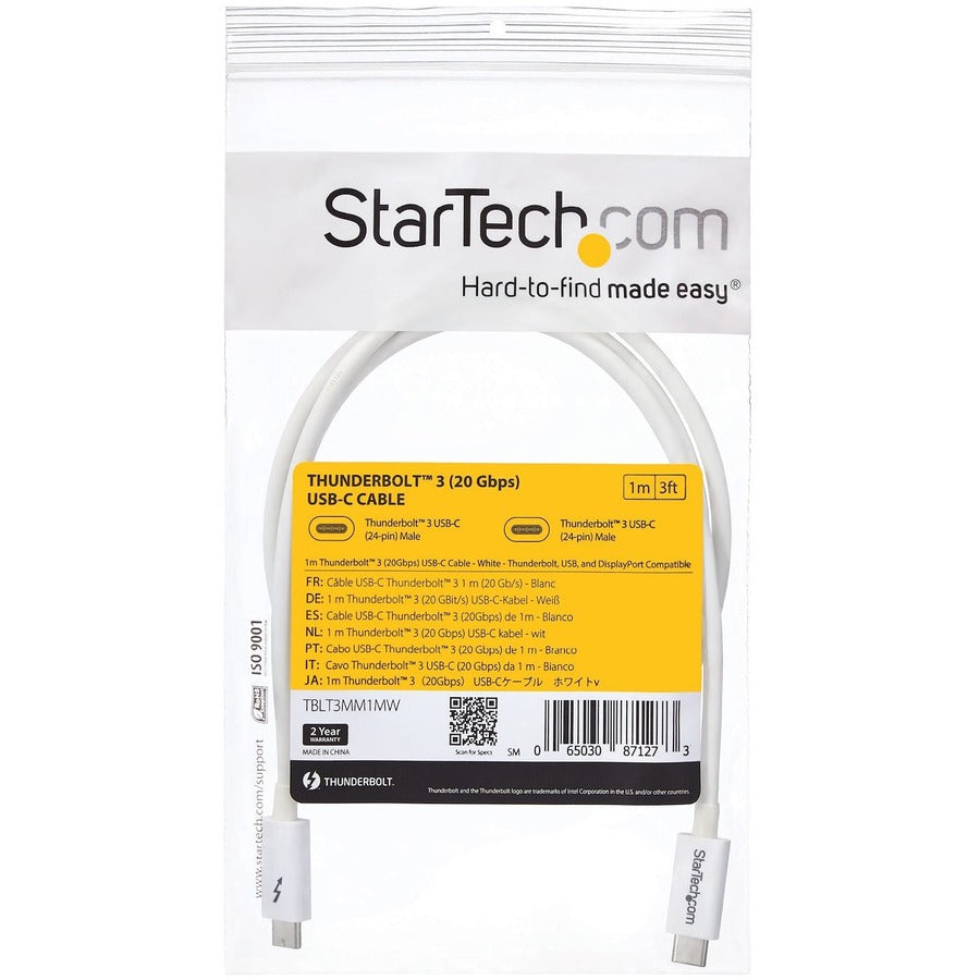 StarTech.com 1m Thunderbolt 3 Cable - 20Gbps - White - Thunderbolt / USB-C / DisplayPort Compatible - Thunderbolt 3 USB-C Cable TBLT3MM1MW