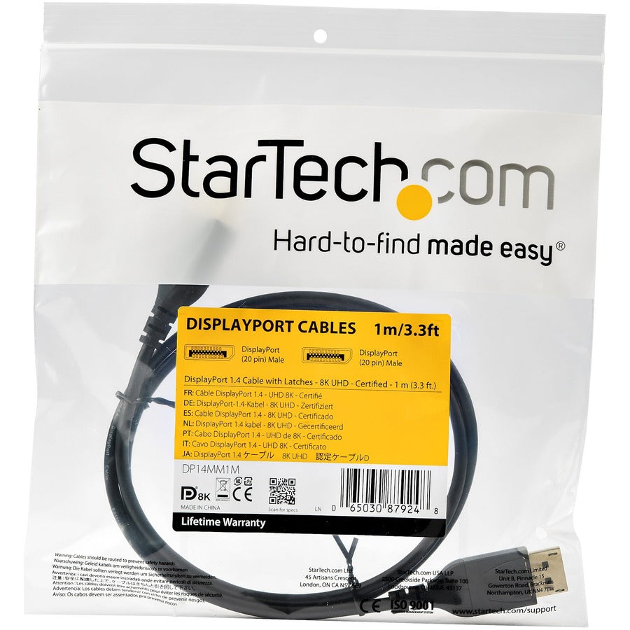 StarTech.com Câble DisplayPort 1.4 certifié VESA de 1 m - 8K 60 Hz HBR3 HDR - 3 pieds Super UHD 4K 120 Hz - Cordon de moniteur vidéo fin DP vers DP M/M DP14MM1M