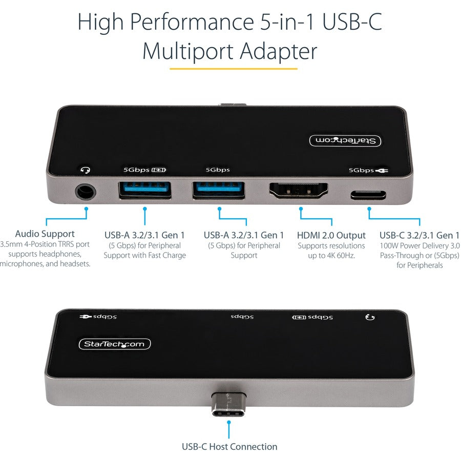 StarTech.com Adaptateur multiport USB C, USB-C vers HDMI 4K 60 Hz, 100 W PD Pass-Through, 3 x USB, audio, mini station d'accueil USB-C, station d'accueil USB type-C portable DKT30ICHPD