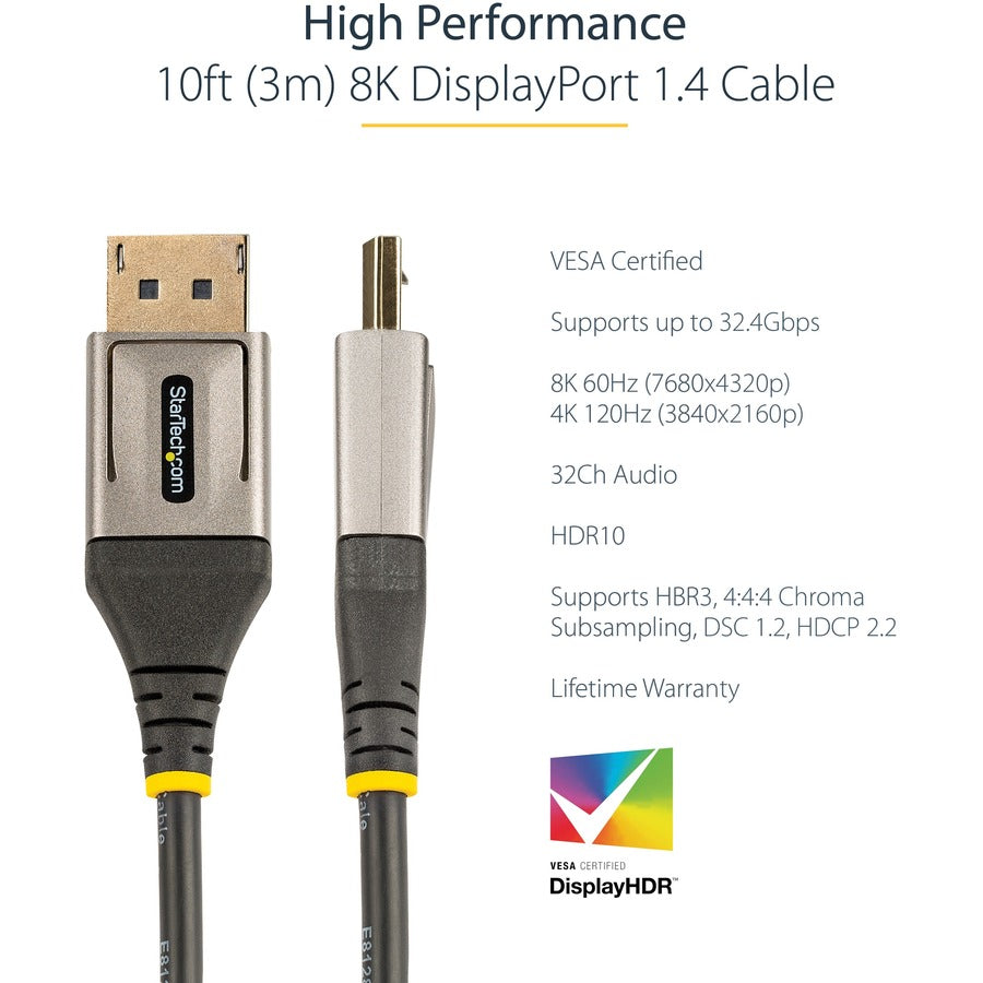 StarTech.com Câble DisplayPort 1.4 certifié VESA de 3 m, 8K 60 Hz HDR10, vidéo UHD 4K 120 Hz, cordon de moniteur DP vers DP, câble DP 1.4, M/M DP14VMM3M