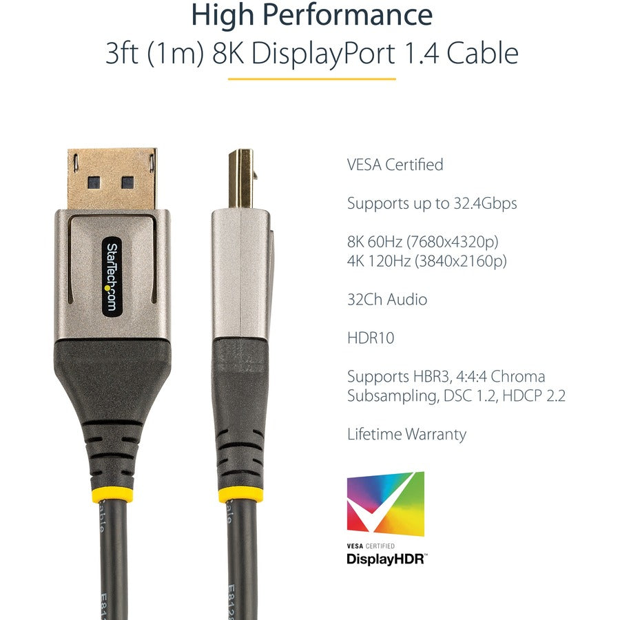 StarTech.com Câble DisplayPort 1.4 certifié VESA de 1 m, 8K 60 Hz HDR10, vidéo UHD 4K 120 Hz, cordon de moniteur DP vers DP, câble DP 1.4, M/M DP14VMM1M