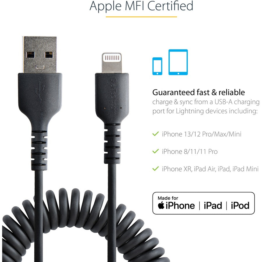 StarTech.com 50cm/20in USB to Lightning Cable, MFi Certified, Coiled iPhone Charger Cable, Black, Durable TPE Jacket Aramid Fiber RUSB2ALT50CMBC