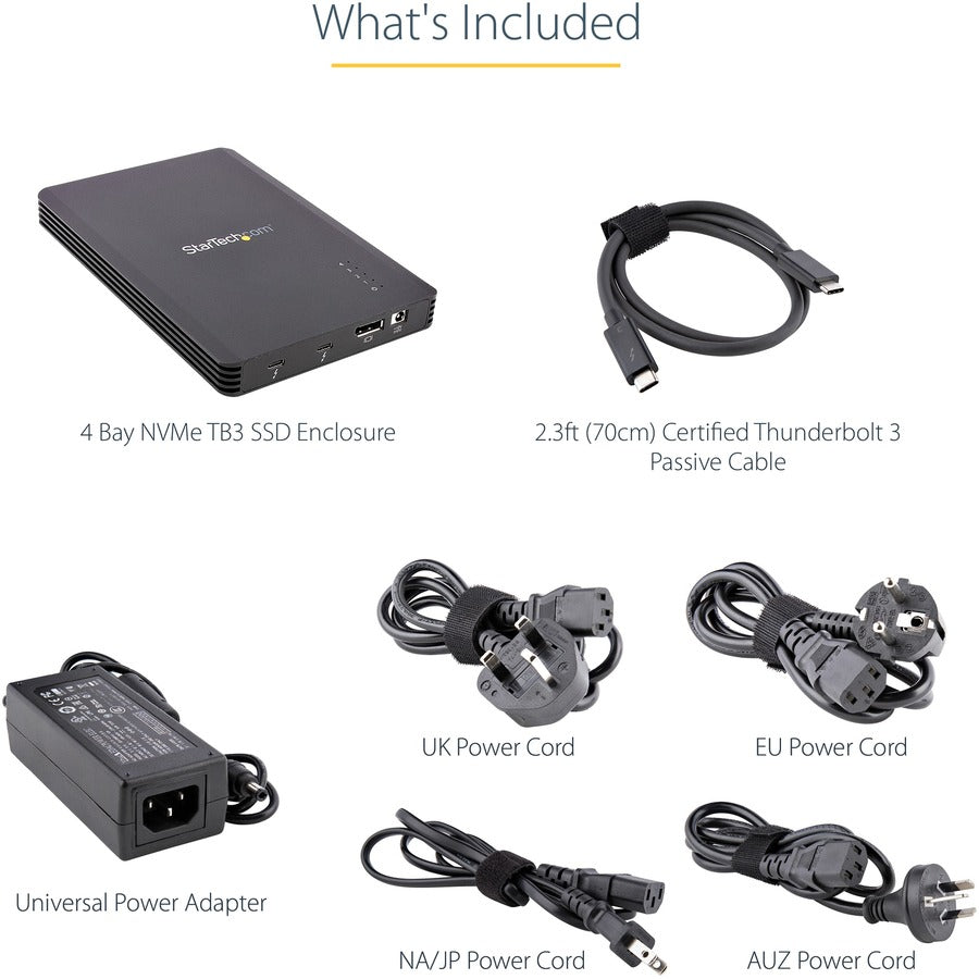 StarTech.com 4 Bay Thunderbolt 3 NVMe Enclosure, For M.2 NVMe SSD Drives, 1x DisplayPort Video and 2x TB3 Downstream Ports, 40Gbps M2E4BTB3