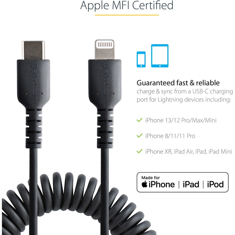 StarTech.com Câble USB C vers Lightning de 1 m, certifié MFi, câble spiralé pour chargeur d'iPhone, noir, gaine TPE durable en fibre d'aramide RUSB2CLT1MBC