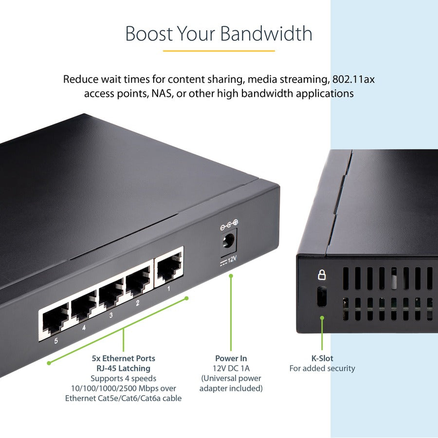 StarTech.com Unmanaged 2.5G Switch, 5 Port 2.5GBASE-T Unmanaged Ethernet Switch, Desk | Wall Mount Kit, Compatible w/ 10/100/1000Mbps devices DS52000