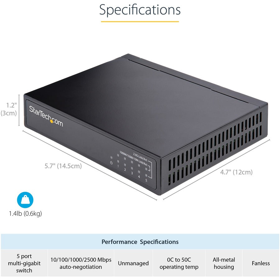 StarTech.com Switch 2,5G non géré, commutateur Ethernet non géré 5 ports 2,5GBASE-T, bureau | Kit de montage mural, compatible avec les appareils 10/100/1000 Mbps DS52000