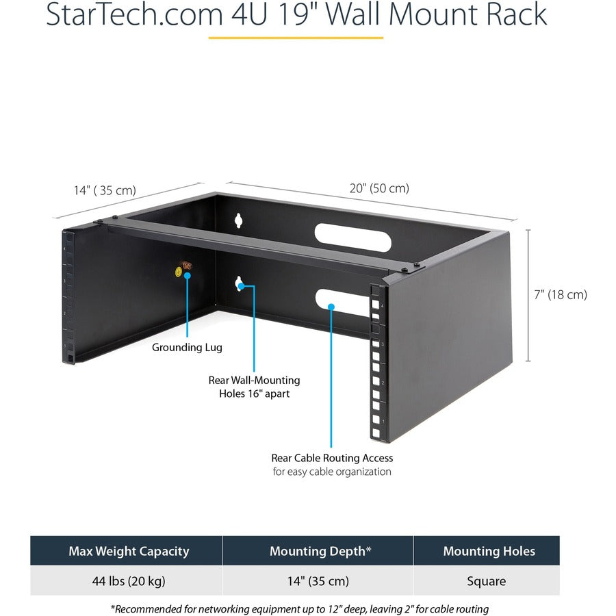 StarTech.com Rack mural 4U, 13,78 pouces de profondeur, rack réseau mural 19 pouces, support de panneau de brassage mural pour équipement de commutation/informatique WALLMOUNT4